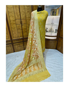 Ensemble Kurti en soie Georgette Banarasi tendance pour femmes, confortable, de qualité supérieure, 3 pièces, non cousu, séchage rapide, protection solaire, quotidien, fête - Product Image 2