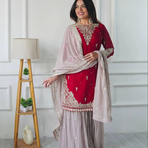 Último bordado indio Sharara Gharara Kurti conjunto en Faux Georgette hermoso diseñador paquistaní personalizar Ropa Étnica al por mayor - Product Image 1