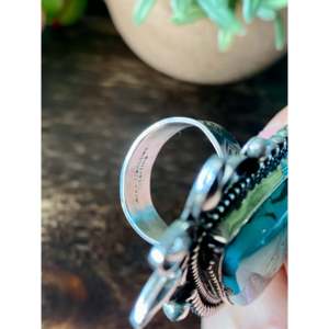 Turquoise Mountain Sterling Silver <b>Adjustable</b> <b>Ring</b> <b>Size</b> 8 Bezel Set Flower Design Alex Sanchez Fashion Jewelry Gift - Product Image 6