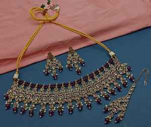 Nuevo diseño elegante chapado en oro tradicional Motipearl & Drop Kundan tachonado gargantilla collar pendiente Mangtika conjunto y conjunto de joyería Mujer - Product Image 5