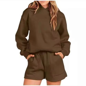 Women Oversized Hoodie Shorts Co Ord Set Casual Cotton Blend Regular Fit <b>Above</b> Knee Solid Summer for Street Wear - Product Image 1