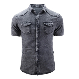 <b>Men's</b> High Quality 100% Cotton Short Sleeved Denim <b>Shirt</b> European American Style Customizable Logo Stand Double <b>Pocket</b> OEM - Product Image 5