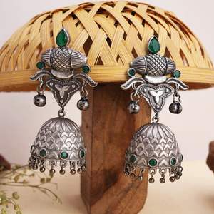 Oxidized <b>Silver</b> Green Stone <b>Jhumka</b> Earrings Traditional Indian Jewelry Gift for her - Product Image 4