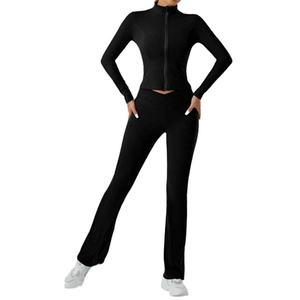 Custom Logo Winter Solid Women Outfits Workout Fitness Jogger 2 Pieces <b>Leggings</b> Set Yoga Jacket Flare Pant Tracksuit Set - Product Image 4