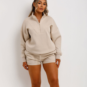 Conjunto de sudadera y pantalones cortos con media cremallera para mujer de 2 piezas con avena personalizada al por mayor, conjunto de sudadera y Pantalón corto con capucha para mujer, conjunto de 2 piezas para mujer - Product Image 1