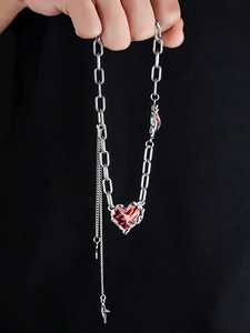 قلادة شرير على الطراز الاميركان بورجوندي من الفولاذ المقاوم للصدأ قلادة على شكل قلب شرابة رباعي الزركون نجمة مدببة للهدايا الداكنة - Product Image 4