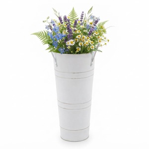 <b>Tall</b> White Galvanized Metal French Bucket <b>Vase</b> Rustic Farmhouse Floor Table Planter Container with Wildflower Bouquet Decor - Product Image 1