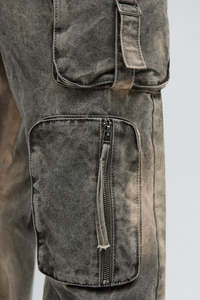 กางเกงยีนส์คาร์โก้ทรงตรงเอวสูงผ้าแคนวาสแบบฟอกสีทรงหลวมพร้อมกระเป๋าข้าง ผ้าหนา ผลิตตามสั่ง - Product Image 3