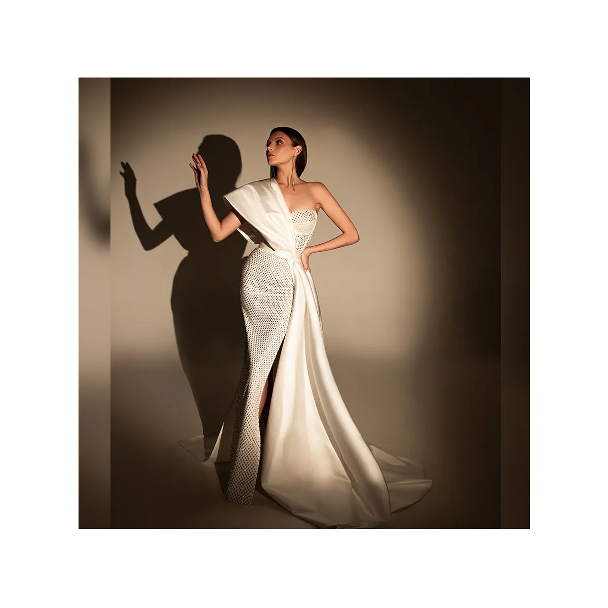 Custom design mikado fabric Elegant open back woman's one-shoulder wedding dress with rhinestones "Cambell" for women