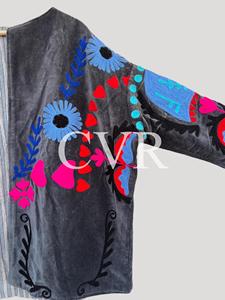 Manteau en velours brodé à la main à motif floral, col rond, manches longues, grande taille, vêtements d'extérieur pour femmes, style bohème décontracté - Product Image 4
