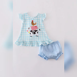 Blue Farm mignon coton enfant en bas âge tenue pour filles été Bloomer ensemble avec volants Plaid Applique bébé fille vêtements - Product Image 1