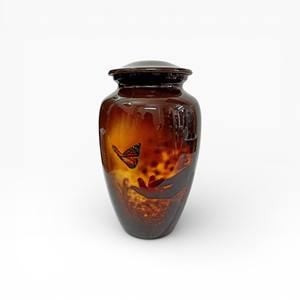 Urne funéraire en céramique bleu foncé avec motif floral de colibri peint à la main et couvercle assorti - Product Image 4