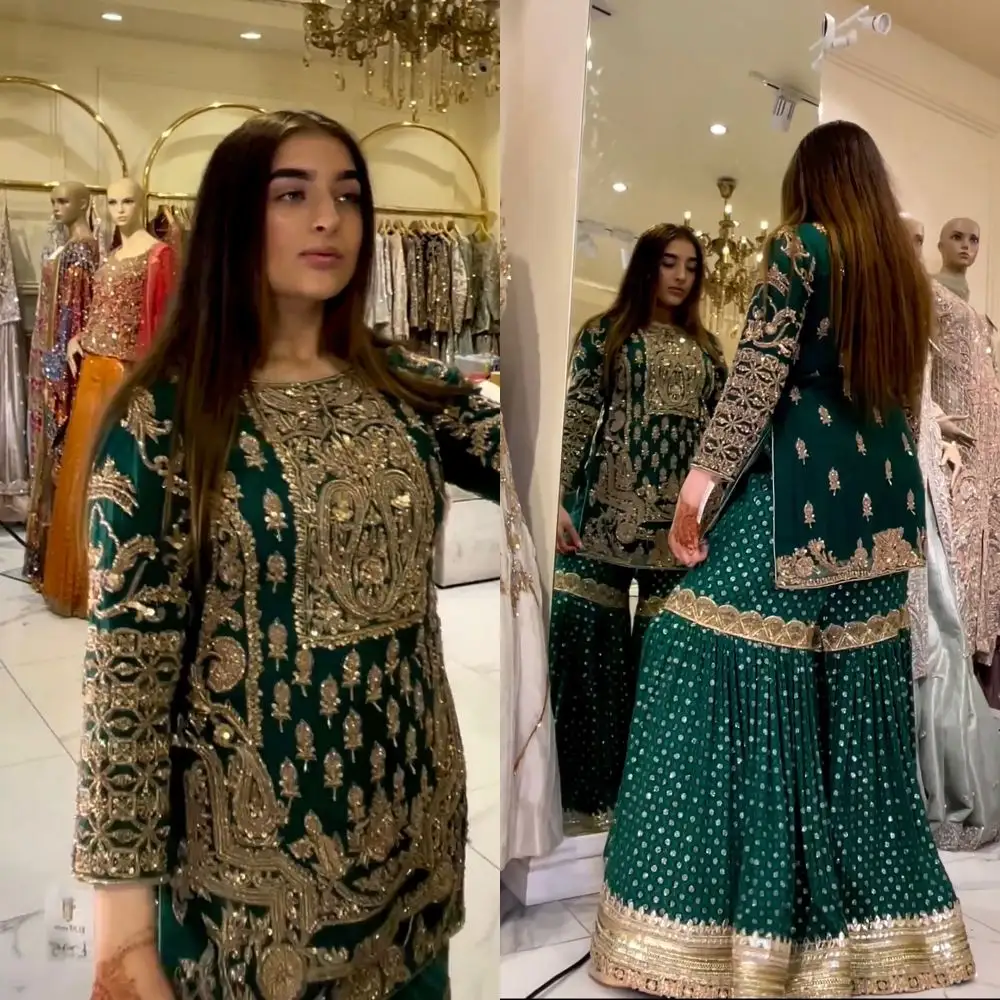 Nieuwste Indiase Borduurwerk Sharara Gharara Kurti Set, Georgette Stof Prachtige Pakistani Designer Aanpassen Etnische Kleding Groothandel