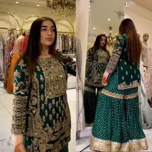 最新印度刺绣Sharara Gharara Kurti套装，乔其纱面料华丽巴基斯坦设计师定制民族服装批发