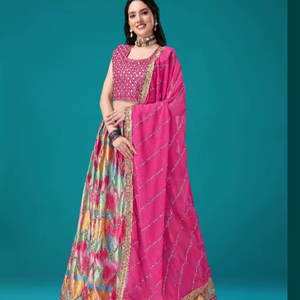 Nuevo Lehenga Choli de Seda Satén con Estampado Digital y Bordado de Lentejuelas, Ropa India y Pakistaní al por Mayor - Product Image 1