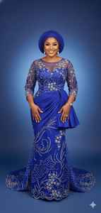 Robe en tissu de dentelle filet luxueuse et tendance de style Aso Ebi bleu traditionnel, avec broderie informatique, polyester/coton antistatique - Product Image 6