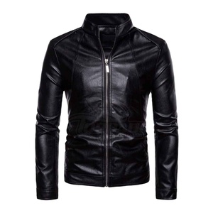 Chaqueta de cuero casual de invierno para hombre al por mayor con cuello alto, teñido liso y cierre de cremallera - Product Image 1