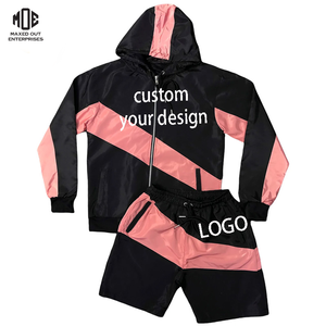 Chaqueta de exterior de nailon impermeable de 2 piezas con bordado personalizado, conjunto corto de chándal cortavientos al por mayor, pantalones cortos con diseño de bloques de color - Product Image 1
