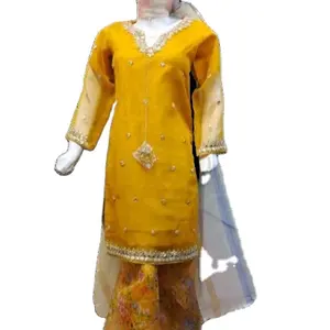 סלוואר קמייז מוכן לנשים שמלות אורגנזה רקומות מהודרות 3 יחידות חליפה פקיסטנית מוכנה סלואר קמייז