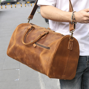 Sac de voyage pliable en cuir véritable, léger, grande capacité, fermeture éclair, durable, marron - Product Image 1