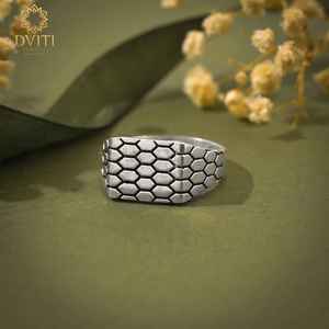 925 Sterling <b>Silver</b> Honeycomb Pattern <b>Ring</b> Vintage Oxidized Scale Textured Signet Band Unique Geometric Biker <b>Ring</b> for <b>Men</b> - Product Image 2