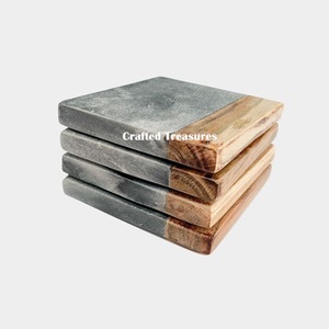 Sous-verre de tasse en bois de marbre et d'acacia de luxe de haute qualité ensemble de 4 sous-verre carrés en bois et en marbre pour boissons café bière - Product Image 1