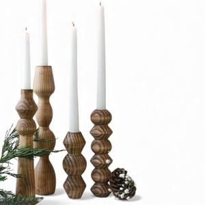 Hand Turned Wooden <b>Taper</b> <b>Candle</b> Holders With Sculpted Geometric Shapes For Modern Table Decor - Product Image 1