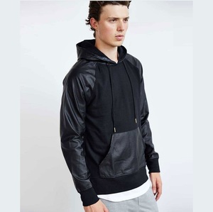 High Quality 100% Cotton <b>Black</b> French Terry <b>Hoodie</b> with <b>Zipper</b> Customized Leather Sleeve Eco-Friendly Outdoor Workout Winter - Product Image 6