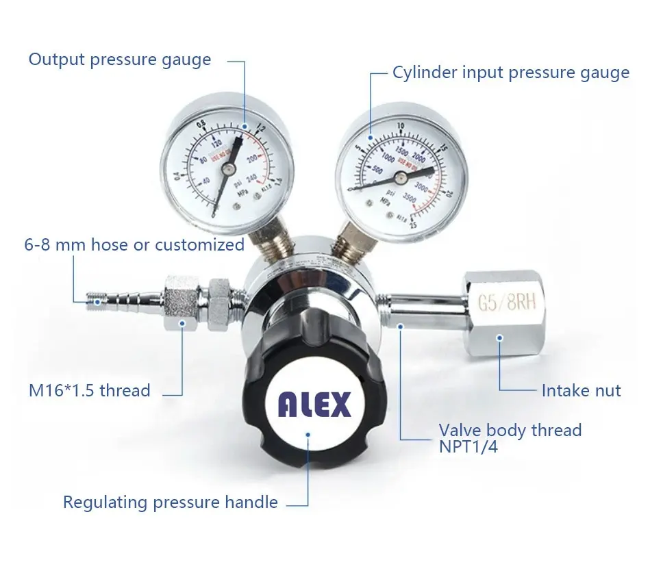 Áp suất cao độ tinh khiết khí thép không gỉ một giai đoạn duy nhất điều chỉnh áp suất với đồng hồ đo áp suất khí điều chỉnh van oxy