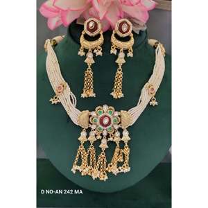 Women's Antique Golden Pearl Kundan <b>Necklace</b> & Earring Set with Bezel Set Round Brilliant Cut Zircon for Wedding-SKU An242MA/D-4 - Product Image 1