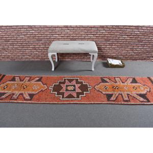 Vintage <b>Rug</b>, 2.4x10 ft <b>Runner</b> <b>Rug</b>, Orange Check Wool Turkish <b>Rug</b> - Product Image 3