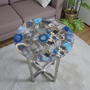 Table basse en agate de luxe, pierre précieuse ronde, plateau en cristal poli, incrustation de pierre d'agate naturelle, table basse en pierre précieuse artisanale, meubles d'art en pierre précieuse - Product Image 3