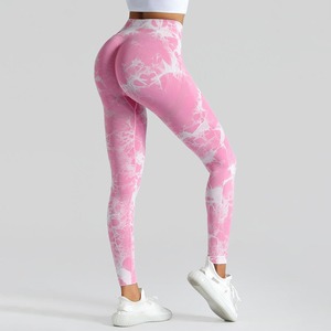 Vente en gros Logo personnalisé Leggings de sport de fitness à taille haute côtelés pour femmes Spandex Nylon tricoté Stretch Wear Casual Tie-Dye - Product Image 4