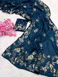 Mujer moderna diseñador Chinon azul marino sari con blusa étnica cómoda y elegante boda Bollywood fiesta desgaste para mujer - Product Image 2