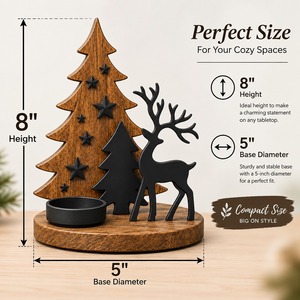 Porte-bougie de Noël en bois avec cerf et étoiles, décoration de table rustique pour les fêtes - Product Image 4