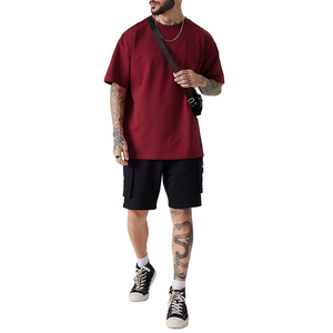 เสื้อยืดผู้ชายผ้าฝ้ายแบบกำหนดเองเสื้อยืดสีแดงโอเวอร์ไซส์ทรงหลวมเปิดไหล่คอกลมพิมพ์ลายน้ำหนักมากกำหนดเอง100% - Product Image 6