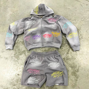 Streetwear Custom Tracksuit Manufacturer Polyester/Cotton French Terry Acid Wash Printed <b>Zip</b> Hoodie <b>Shorts</b> Custom Vintage Casual - Product Image 4