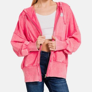 Sudadera con capucha con cremallera ácida personalizada para mujer, aspecto sólido Vintage, algodón de poliéster de gran tamaño, informal, para invierno, respetuoso con el medio ambiente - Product Image 1