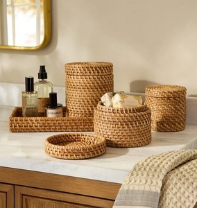 Set Rattan Bathroom <b>Storage</b> Basket Woven Round Organizer Natural Wicker <b>Bath</b> Countertop Organizer Tray For Toilet Home Decor - Product Image 1