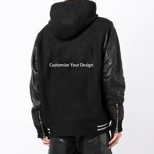 Veste de baseball à capuche pour homme automne 2026, design personnalisé, logo, manches en cuir, noire, décontractée, unisexe, en laine, style universitaire - Product Image 3