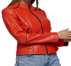 Chaqueta clásica de cuero de piel de oveja naranja Original para mujer 2025 MOQ bajo 100% chaquetas de moda calentadas de invierno al por mayor de alta calidad - Product Image 3