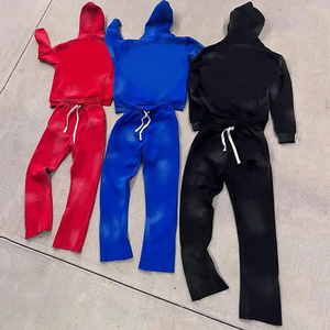 Conjuntos de Sudadera con Capucha y Pantalones Deportivos Personalizados con Lavado Ácido, Cierre de Cremallera, 500 GSM, Pierna Recta, Bordado Desgastado, para Hombre - Product Image 4