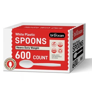 Biocean - Cucharas Desechables de Plástico Blanco Mini, Resistentes, Ecológicas y Biodegradables, 7.4 Pulgadas, 600 Unidades por Paquete, para Fiestas - Product Image 1