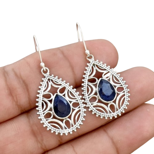 Handmade 925 Solid Sterling Silver Dangle Earrings for Women Blue