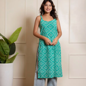 Rang malhar bandhej ชุด kurta ผ้าฝ้ายพิมพ์ลายสำหรับผู้หญิงสีฟ้านกเป็ดน้ำพร้อมสายคล้องไหล่สไตล์ปาร์ตี้สบายๆ - Product Image 1