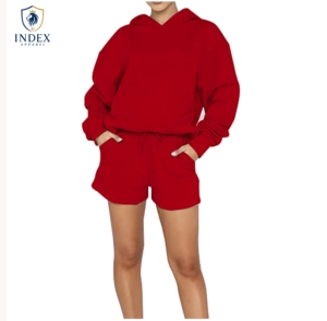 INDEX APPAREL Conjunto de 2 Piezas para Mujer, Color Rojo, Shorts y Sudadera con Capucha, Manga Larga, Corte Holgado, Informal, para Primavera/Verano, Color Sólido, Tejido de Algodón - Product Image 1