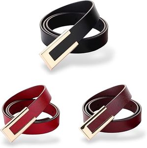 Ceinture pour femme en cuir véritable, ceinture de taille durable avec boucle dorée de couleur unie, pour pantalons et jeans - Product Image 2