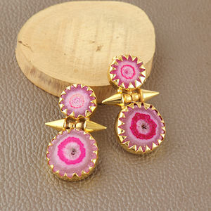 Natural pink solar quartz prong set <b>earring</b> 18k gold plated brass statement <b>earring</b> handmade gemstone wholesale women jewelry - Product Image 5