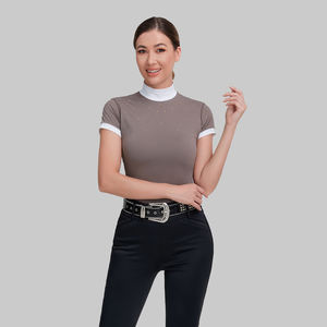 النساء الفروسية المنافسة ارتداء بلورات حجر قميص بيع بالجملة الملابس الرياضية قصيرة الأكمام تنفس ركوب الخيل وهمية الملابس المعرض - Product Image 4