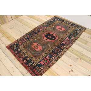 Alfombra de 3.8x6.5 pies, Alfombra Turca Vintage, Alfombra con Bordes Azules y Rojos - Product Image 1